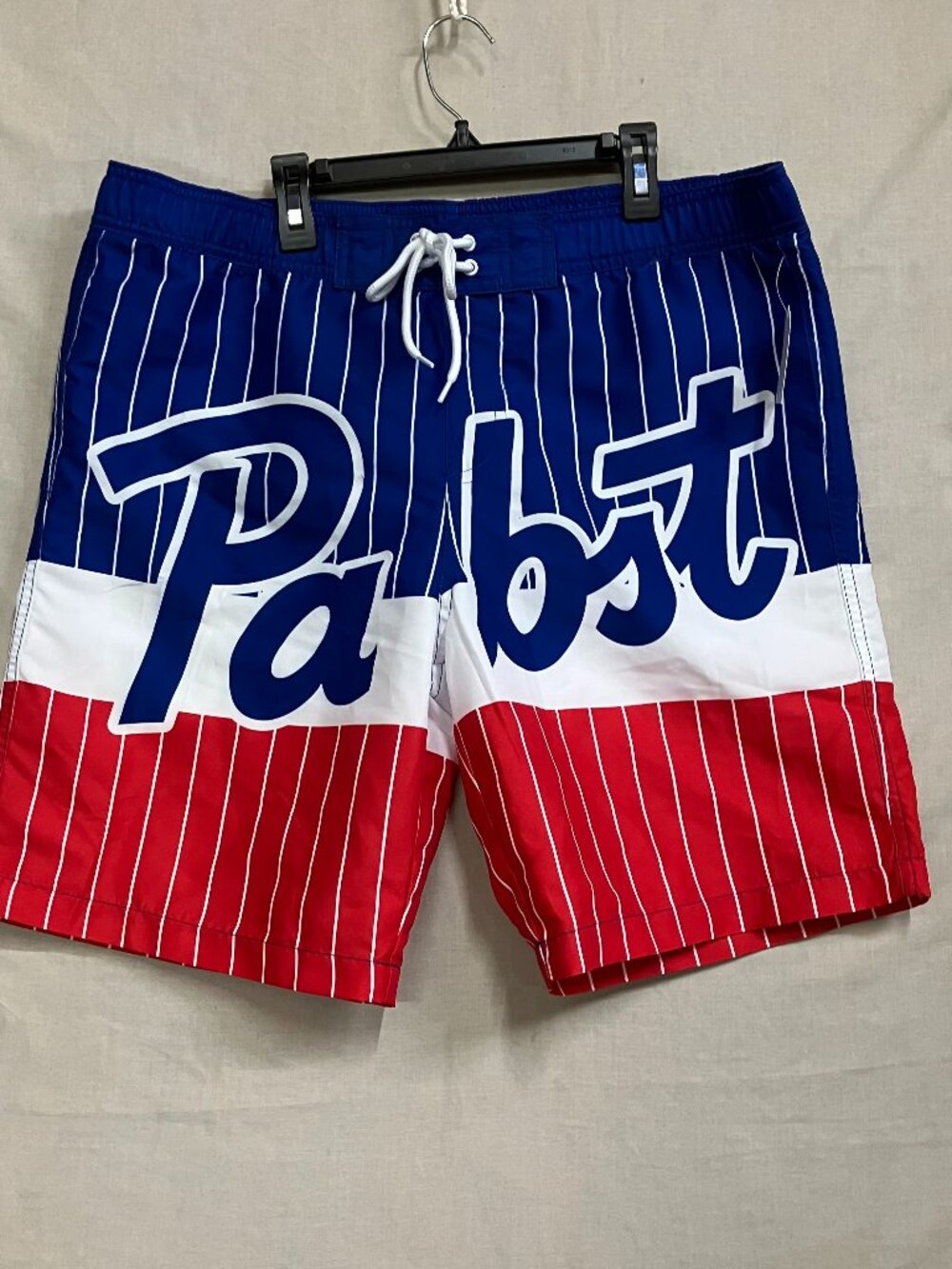 Pabst Blue Ribbon Swim Trunks Men's Medium Red White Blue Striped Board Shorts